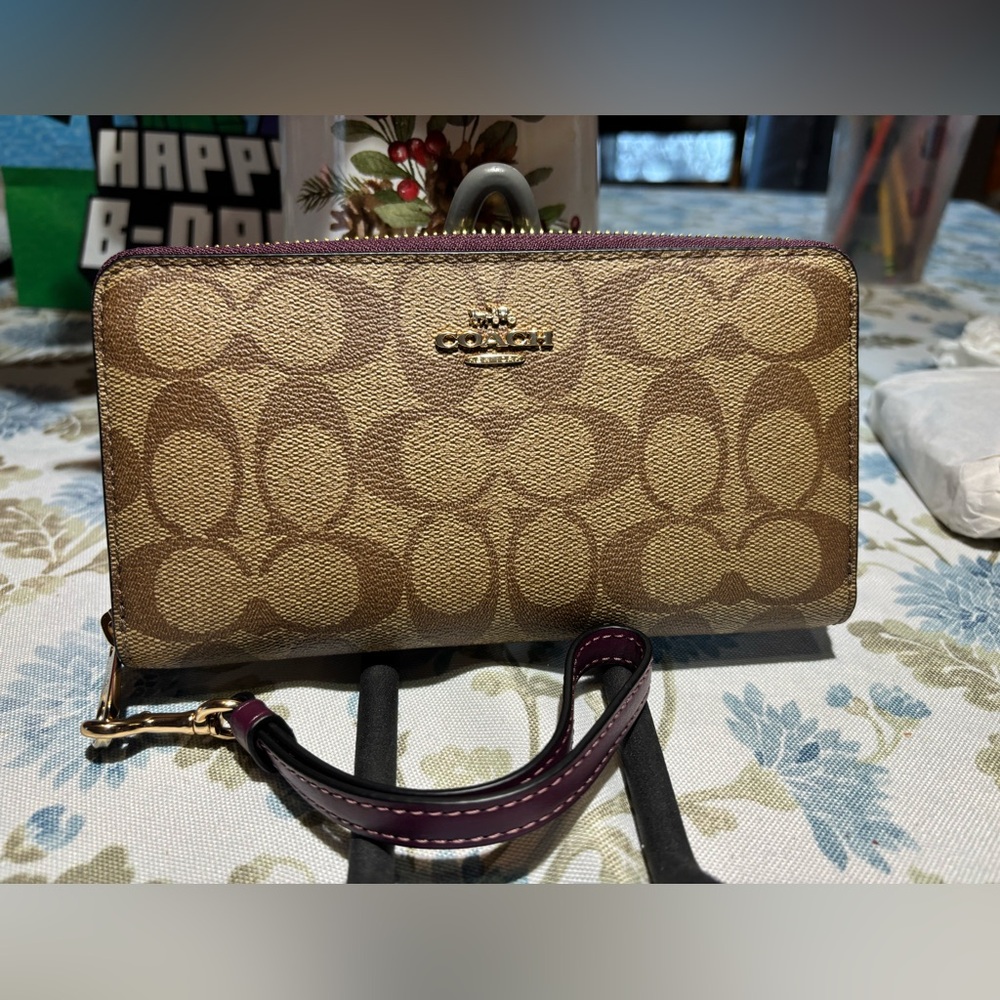 New Coach Brown and Purple Signature Wallet Long Zip around